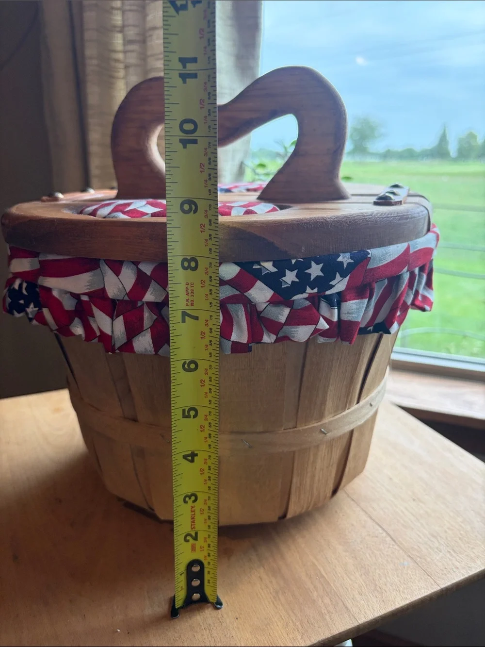 Vintage Wood Double Lid Barrel Weave Basket Lined Flag Heart